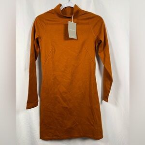 Everlane Cotton Knit Long Sleeve Mock Neck Dress Rust XS